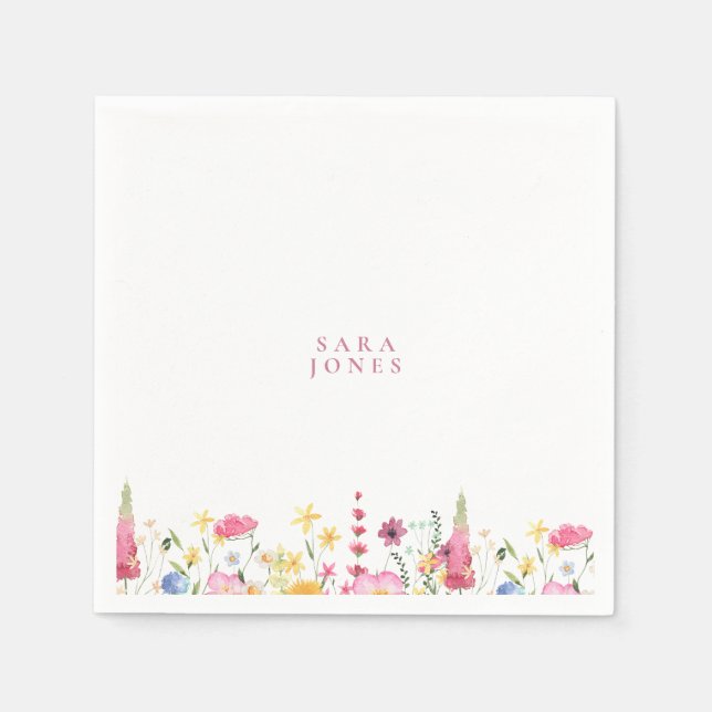 Serviette En Papier Baby shower de nom rose personnalisé Fleur sauvage (Devant)