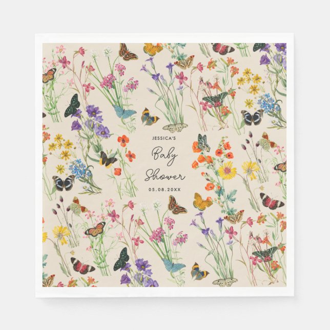 Serviette En Papier Baby shower de papillons Fleur sauvage aquarelle (Devant)