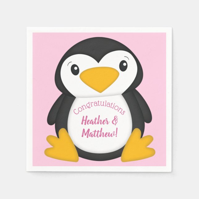 Serviette En Papier Baby shower de pingouin rose (Devant)