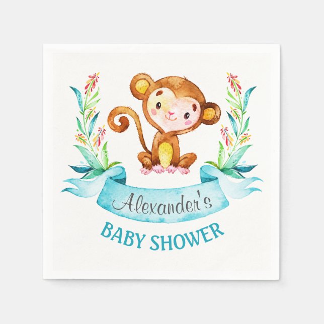 Serviette En Papier Baby shower de singe d'aquarelle (Devant)