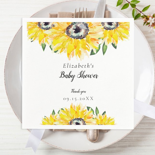 Serviette En Papier Baby shower de tournesol Script Aquarelle Élégante (Créateur téléchargé)