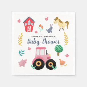 Serviette En Papier Baby shower de tracteur de ferme rose-rose