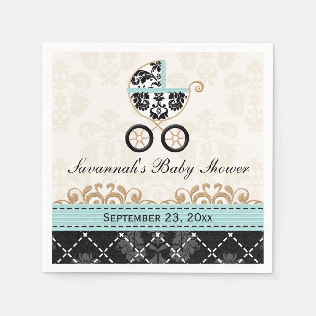 Serviette En Papier Baby shower de transport en damas bleu coque (Devant)