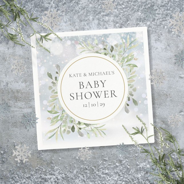 Serviette En Papier Baby Shower de verdure et flocons de neige hiverna (Winter Snowflakes Greenery Baby Shower Napkins)