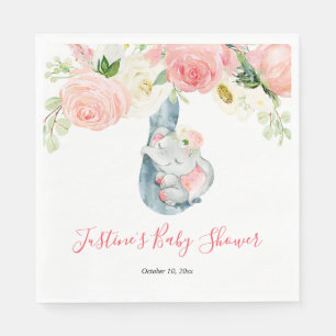 Serviette En Papier baby shower d'éléphant à fleurs blanches et ros