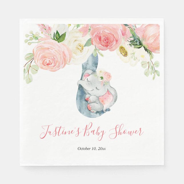 Serviette En Papier Baby shower d'éléphant blanc rose pâle (Devant)