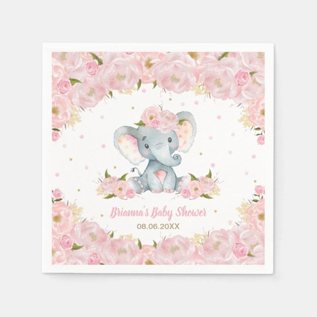 Serviette En Papier Baby shower d'éléphant floral rose vif (Devant)