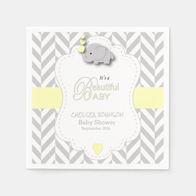 Serviette En Papier Baby shower d'éléphant jaune, gris blanc (Devant)