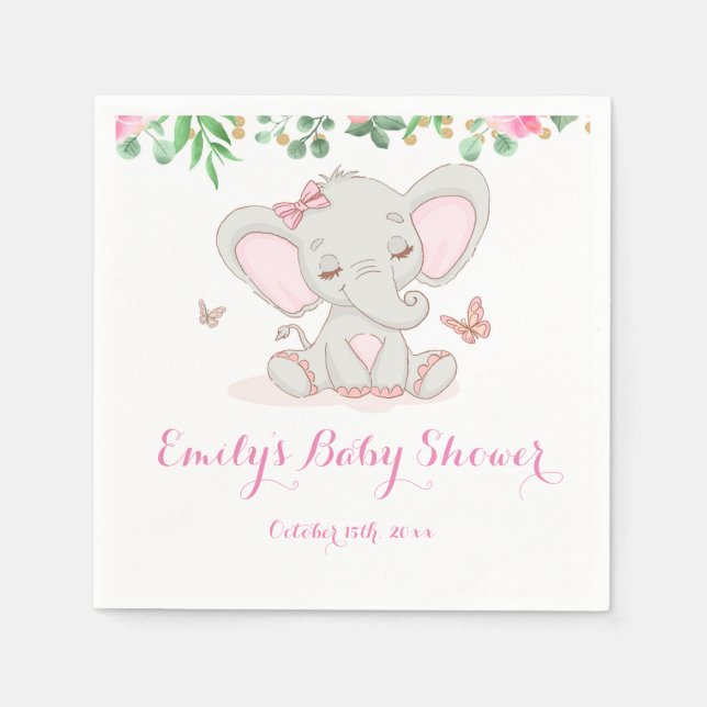 Serviette En Papier Baby shower d'éléphant rose floral (Devant)