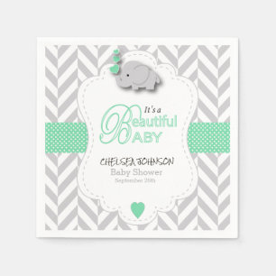 Serviette En Papier Baby shower d'éléphant vert, gris blanc