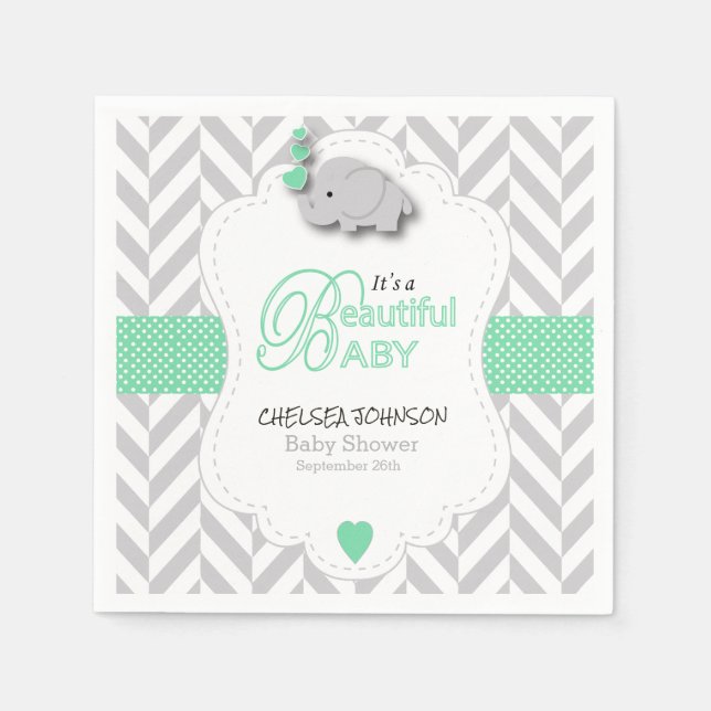 Serviette En Papier Baby shower d'éléphant vert, gris blanc (Devant)