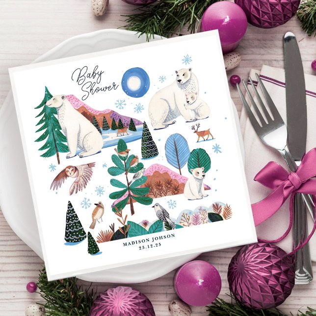 Serviette En Papier Baby shower d'hiver de l'ours polaire (Cute Polar Bear Winter Baby Shower Napkins)