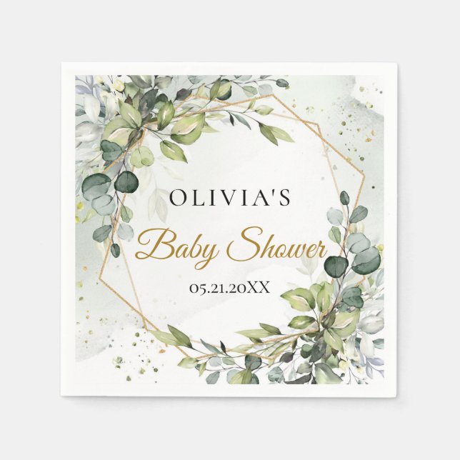 Serviette En Papier Baby shower d'or en feuille de verdure moderne (Devant)