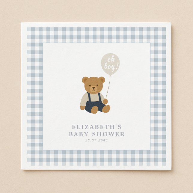 Serviette En Papier Baby shower d'ours en peluche bleu clair En vichy (Créateur téléchargé)