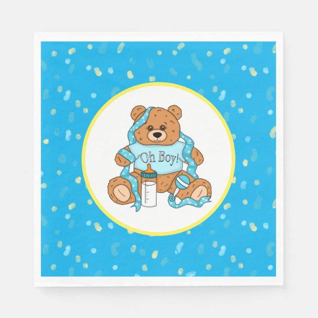 Serviette En Papier Baby shower d'ours en peluche bleu et jaune (Devant)
