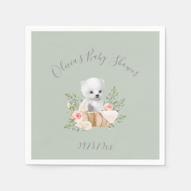 Serviette En Papier Baby shower d'ours polaire vert Sage (Devant)