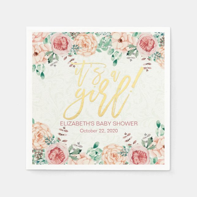 Serviette En Papier Baby shower Elegant Aquarelle Floral Gold Script (Devant)