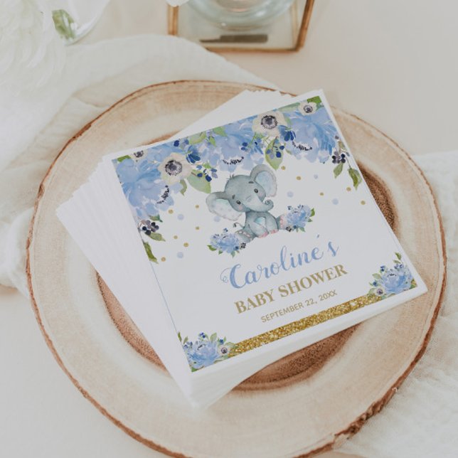 Serviette En Papier Baby shower Eléphant Bleu Floral (Créateur téléchargé)