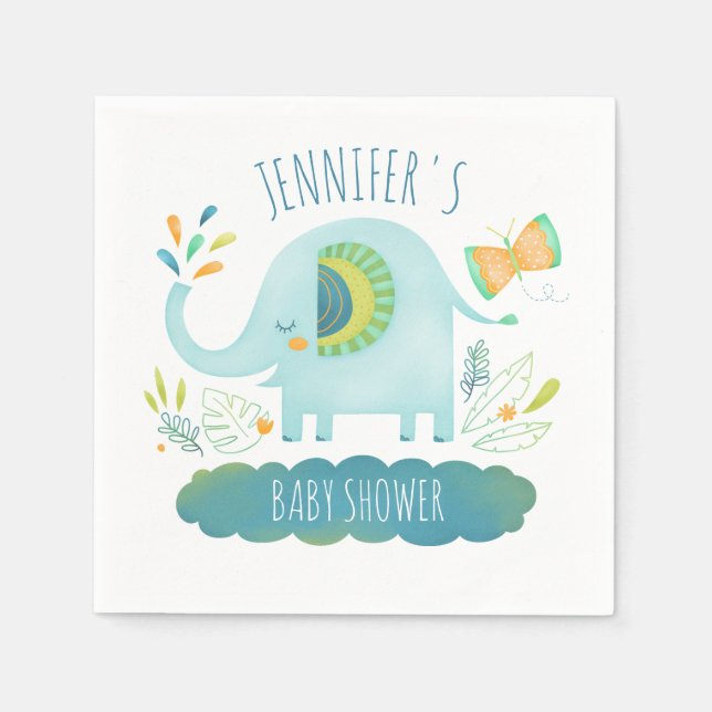 Serviette En Papier Baby shower Eléphant bleu mignon personnalisé (Devant)