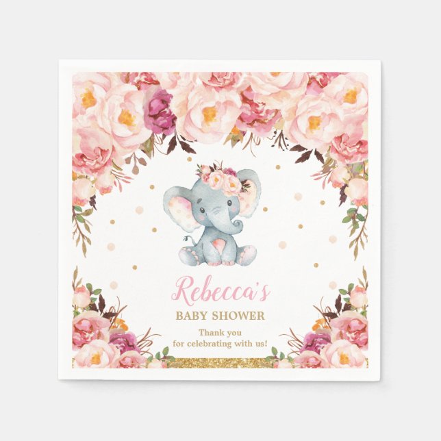Serviette En Papier Baby shower Eléphant Bleu Serviettes Florales (Devant)
