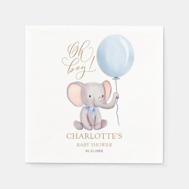 Serviette En Papier Baby shower Eléphant Cute Bleu Garçon Personnalisé (Devant)