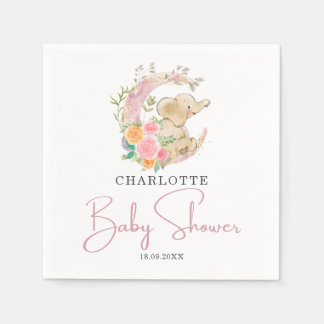 Serviette En Papier Baby shower Eléphant Fille Lune Rose Cute