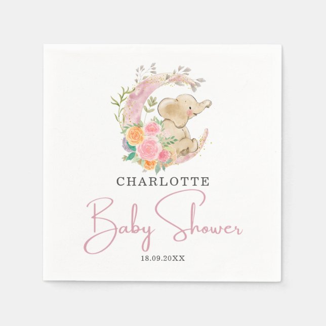 Serviette En Papier Baby shower Eléphant Fille Lune Rose Cute (Devant)
