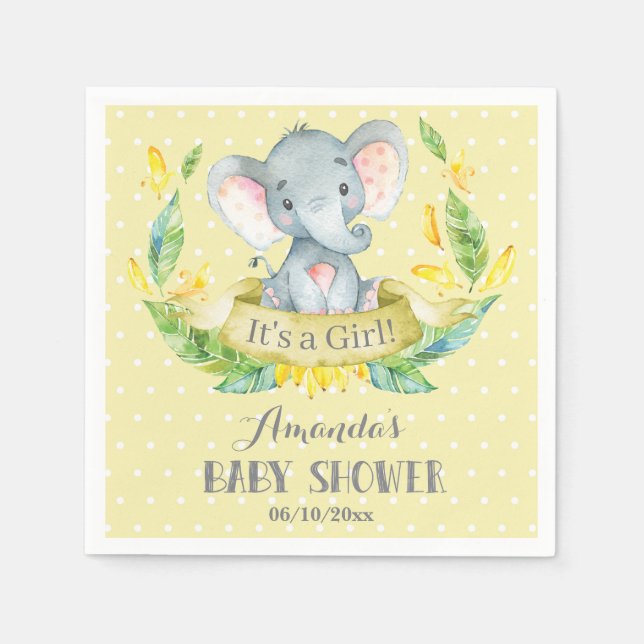 Serviette En Papier Baby shower Eléphant fille serviettes jaune et gri (Devant)