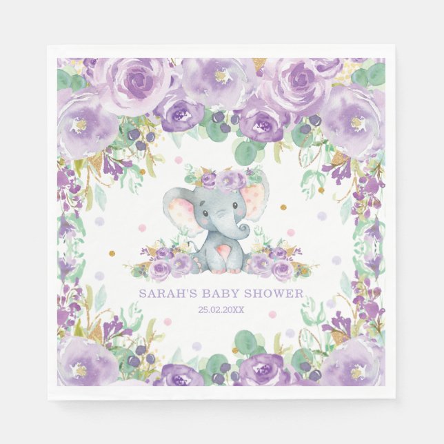 Serviette En Papier Baby shower Eléphant Floral Purple Chic Anniversai (Devant)