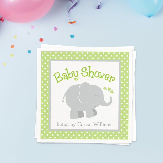 Serviette En Papier Baby shower éléphant moderne vert et gris (Créateur téléchargé)
