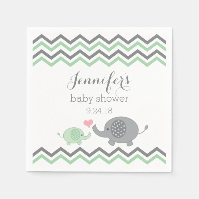 Serviette En Papier Baby shower éléphant serviettes Green Grey Chevron (Devant)