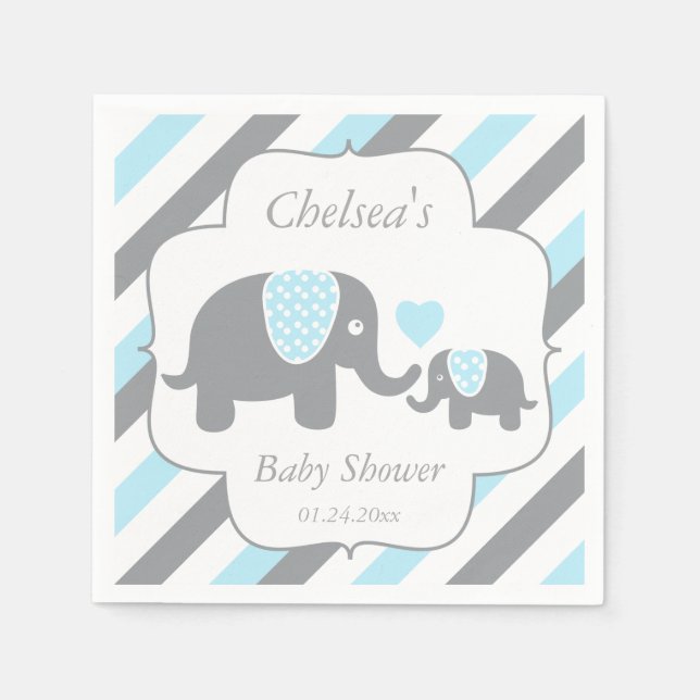 Serviette En Papier Baby shower Eléphants blanc, bleu et gris (Devant)