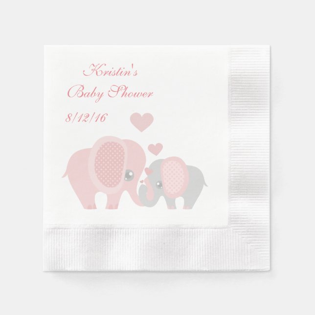 Serviette En Papier Baby Shower, Éléphants Roses Mignons (Devant)