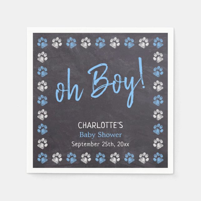 Serviette En Papier Baby shower Empreinte de patte Chalkboard Blue Boy (Devant)