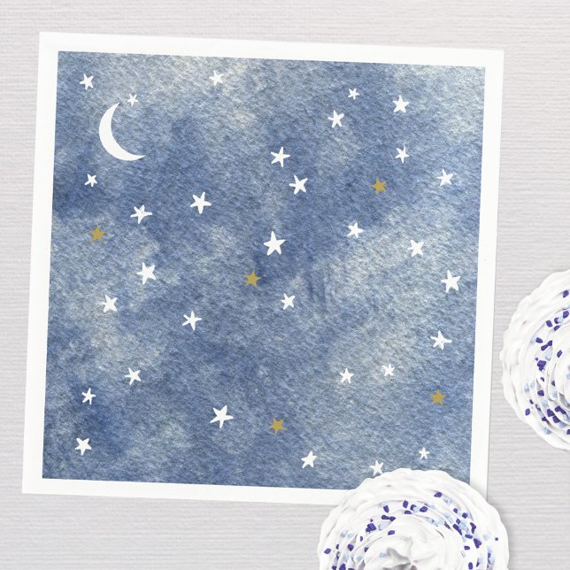 Serviette En Papier Baby shower étoile céleste Aquarelle bleu marine (Celestial watercolor moon and stars party paper napkins)