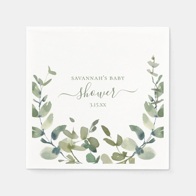 Serviette En Papier Baby shower Eucalyptus aquarelle (Devant)