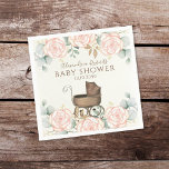 Serviette En Papier Baby shower Eucalyptus Feuilles Élégant Botanique<br><div class="desc">Roses d'aquarelle rose avec feuilles de feuillage d'eucalyptus vert. et un ancien chariot vintage pour bébé. Un regard vintage pour votre bébé fille douche ou sexe révéler la fête. Simple motif floral doux avec un chariot antique brun Ce design présente une invitation baby shower aquarelle florale, élégant chariot vintage à...</div>