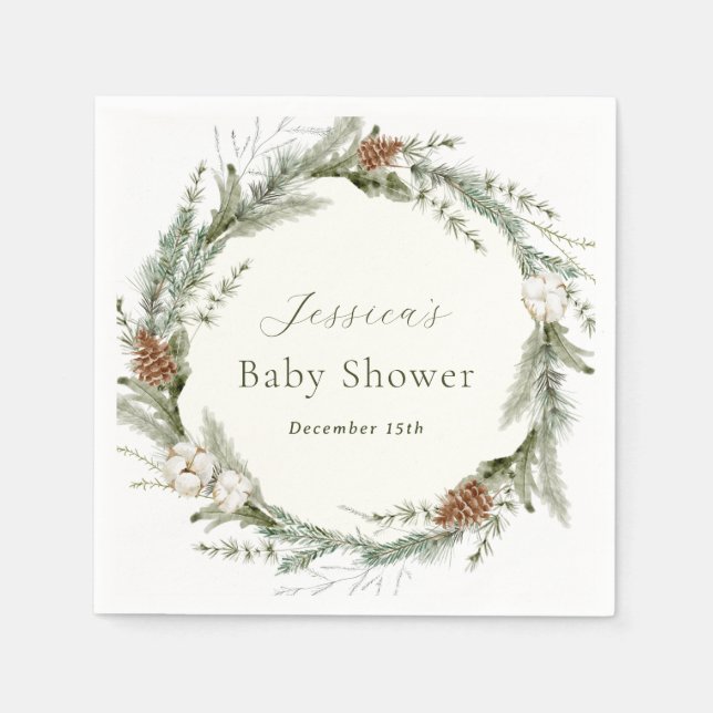 Serviette En Papier Baby Shower Evergreen et Coton d'Hiver  (Devant)