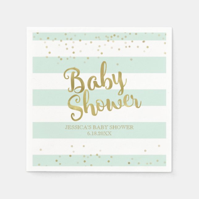 Serviette En Papier Baby shower Faux Gold Foil Mint Green Stripes (Devant)