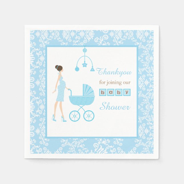 Serviette En Papier Baby shower femme Brunette Damask bleu (Devant)