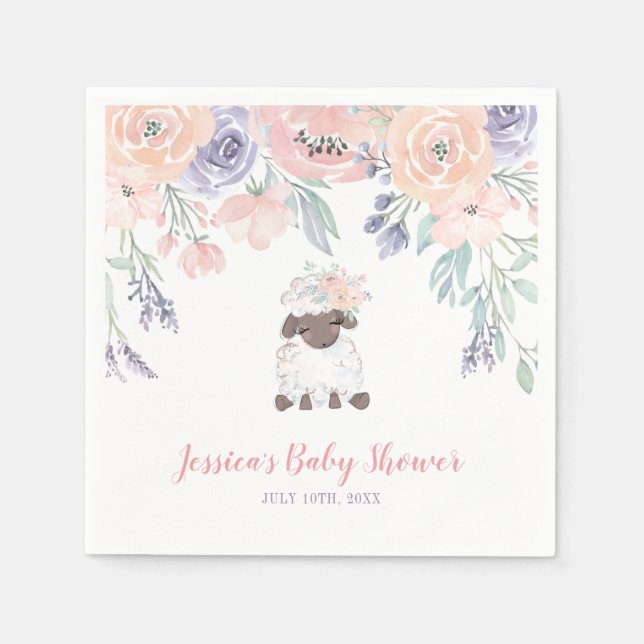Serviette En Papier Baby shower Fille agneau rose violet (Devant)