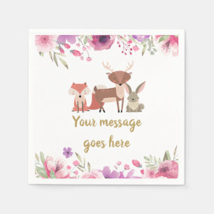 Serviette En Papier Baby Shower Fille Animaux de la Forêt Fleurs Roses