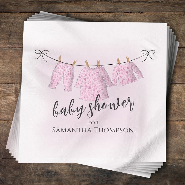Serviette En Papier Baby shower fille Aquarelle rose Clothesline (Pink Baby Shower custom napkin. )