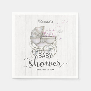 Serviette En Papier Baby Shower Fille Bois Blanc & Carrosse Vintage