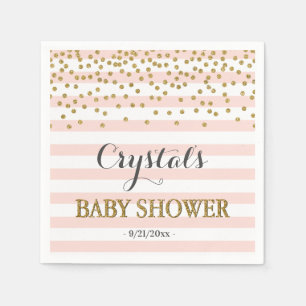 Serviette En Papier Baby Shower Fille Confettis Rayure Rose Pâle et Or