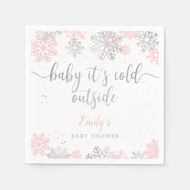 Serviette En Papier Baby shower Fille D'Hiver Rose Et Argent (Devant)