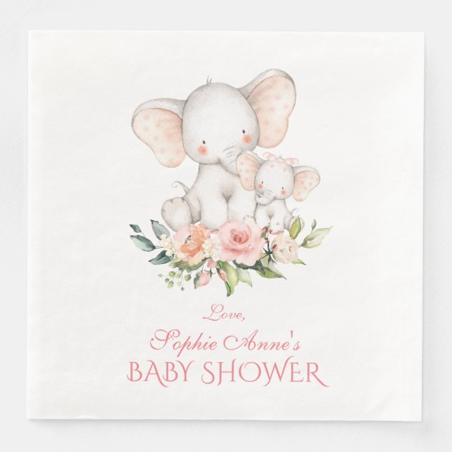Serviette En Papier Baby shower fille Eléphant à l'aquarelle mignonne (Devant)