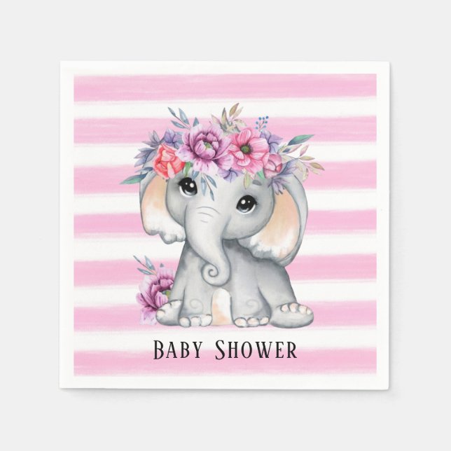 Serviette En Papier Baby shower Fille Eléphant Rose Chic (Devant)