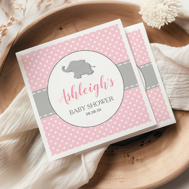 Serviette En Papier Baby Shower Fille Eléphant Rose Gris À Points (Créateur téléchargé)