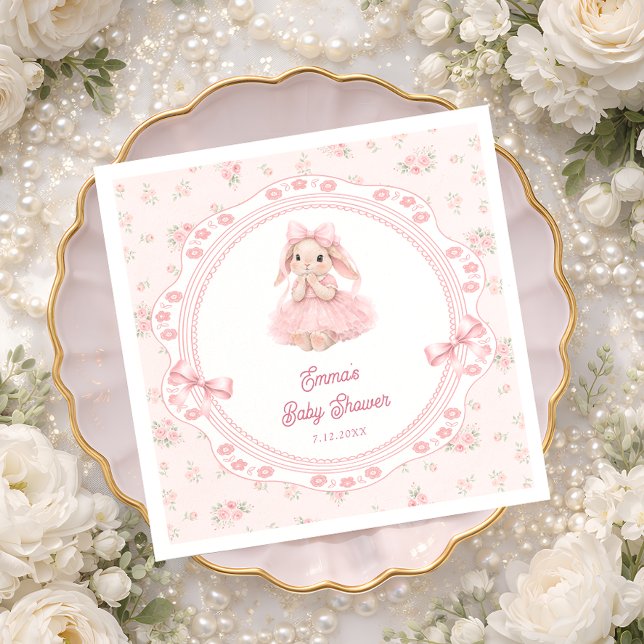 Serviette En Papier Baby Shower Fille Fleur Rose Lapin Mignon (Créateur téléchargé)